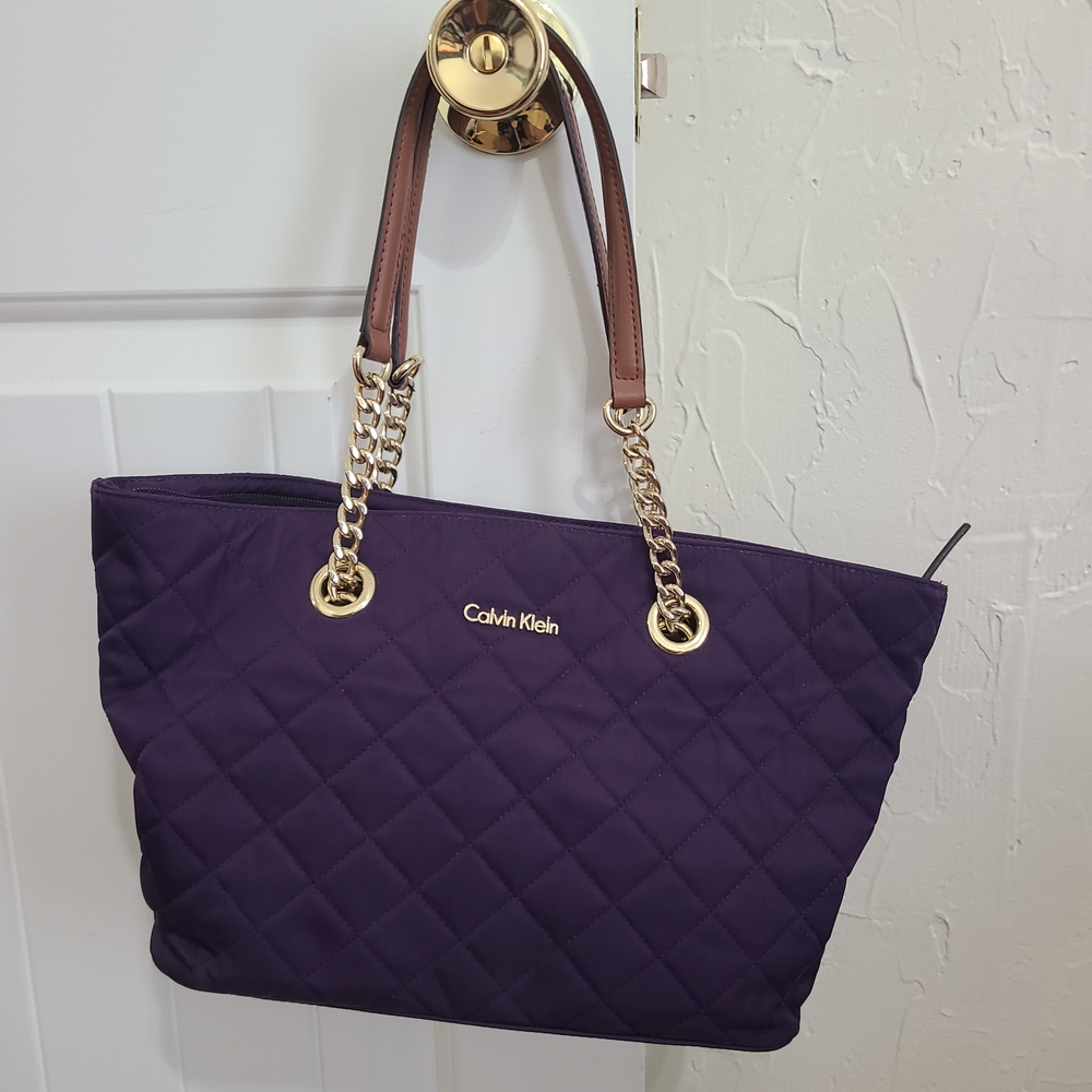 Calvin Klein Quilted Purple Tote with Gold Accents